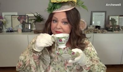 The actress dresses up for her suggestion of a tea party for Meghan's 40th birthday.