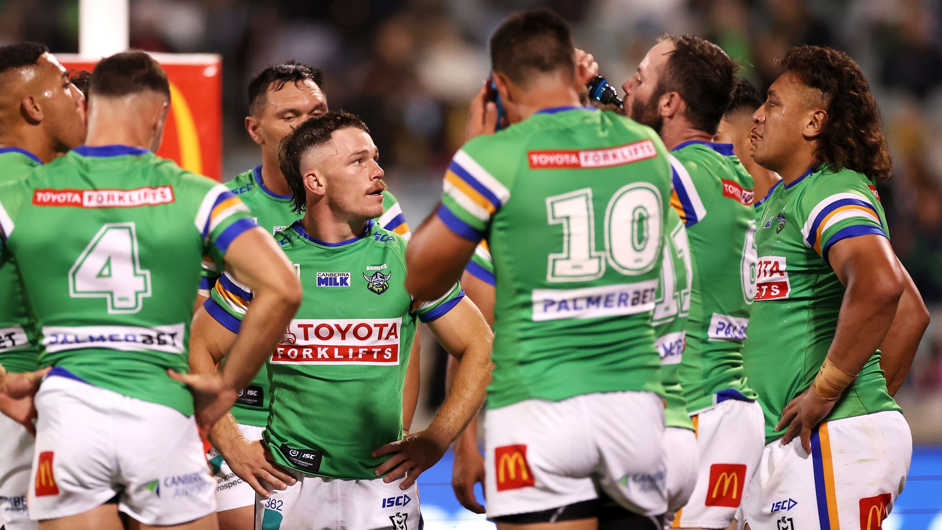 CANBERRA, AUSTRALIA - MARCH 31: Tom Starling of the Raiders and his team mates looks dejected after a Panthers try during the round five NRL match between Canberra Raiders and Parramatta Eels at GIO Stadium on March 31, 2023 in Canberra, Australia. (Photo by Mark Kolbe/Getty Images)