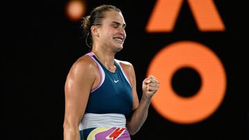 Aryna Sabalenka celebrates winning championship point in the Womens Singles Final match against Elena Rybakina of Kazakhstan during day 13 of the 2023 Australian Open at Melbourne Park on January 28, 2023 in Melbourne, Australia. (Photo by Quinn Rooney/Getty Images)