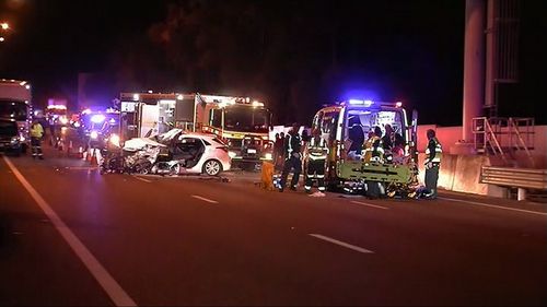 Three people have been taken to hospital after a major motorway crash in Brisbane's south. Picture: 9NEWS.