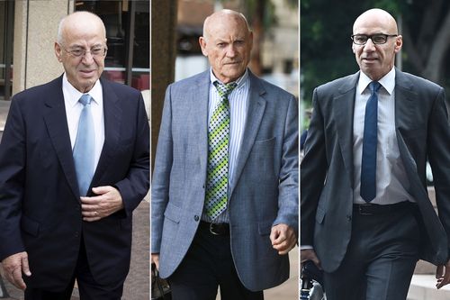 From left: Eddie Obeid, Ian Macdonald, Moses Obeid , all outside Supreme Court , NSW . 