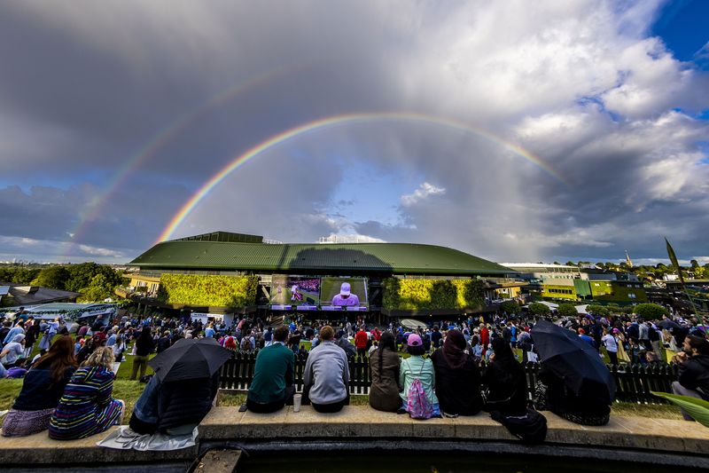 No.1 court with a rainbow behind it during day four of the 2022 Wimbledon Championships at the All England Lawn Tennis and Croquet Club, Wimbledon. Picture date: Thursday June 30, 2022. (Photo by Steven Paston/PA Images via Getty Images)