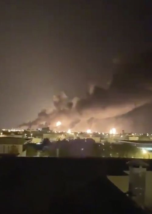 Smoke fills the sky at the Abqaiq oil processing facility on September 14, 2019 in Saudi Arabia. The attack sparked a huge fire at a processor crucial to global energy supplies.