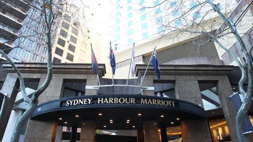 The Sydney Harbour Marriott Hotel entrance is seen closed to the public at Circular Quay on August 19, 2020 in Sydney, Australia. 