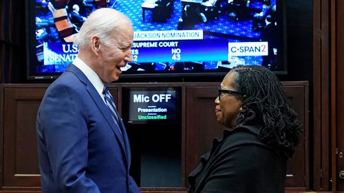 Appointing a Supreme Court justice is one of the most lasting achievements of a president.  President Joe Biden and Supreme Court nominee Judge Ketanji Brown Jackson watch as the Senate votes on her confirmation from the Roosevelt Room of the White House.