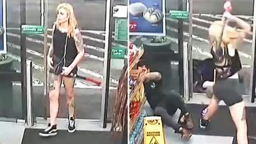 A supplied CCTV screenshot obtained Tuesday, July 31, 2018 of CCTV footage tendered to the NSW District Court showing Evie Amati using an axe to strike two customers to the ground in a 7-Eleven convenience store at Enmore.