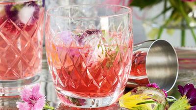Rhubarb with raspberry and rosehip cocktail with flower power ice