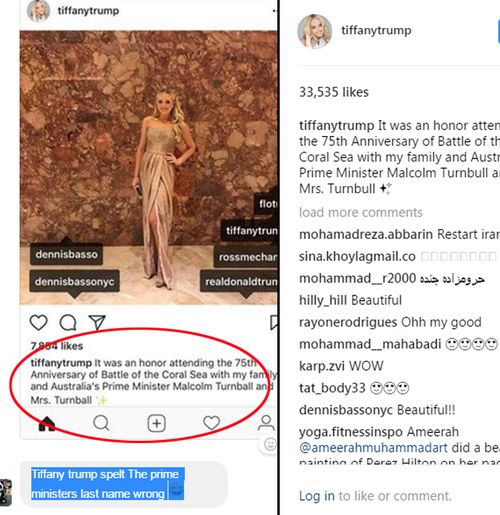 Tiffany Trump mistakenly calls the Australian leader and his wife "Mr and Mrs Turnball". It was later corrected (right). Source: Instagram