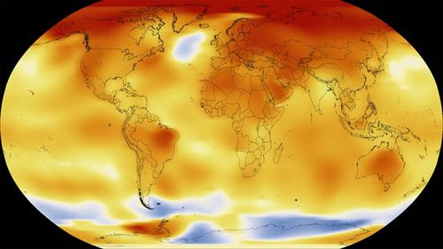 A NASA map shows 2017 temperatures, with red and orange representing warmer than average, and blue representing cooler than average. (NASA)