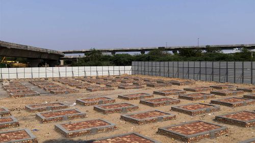 Newly built funeral pyre plinths during lockdown restrictions imposed by the state government in New Delhi, India.