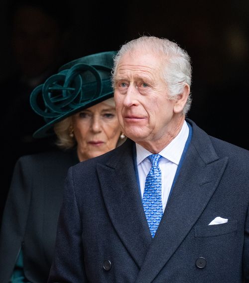 WINDSOR, ENGLAND - MARCH 31: King Charles III and Queen Camilla attend the Easter Service at Windsor Castle on March 31, 2024 in Windsor, England. (Photo by Samir Hussein/WireImage)