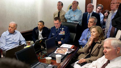 President Barack Obama and others including Vice President Joe Biden and Secretary of State Hillary Clinton watch on during the raid on Osama bin Laden's compound that resulted in his 