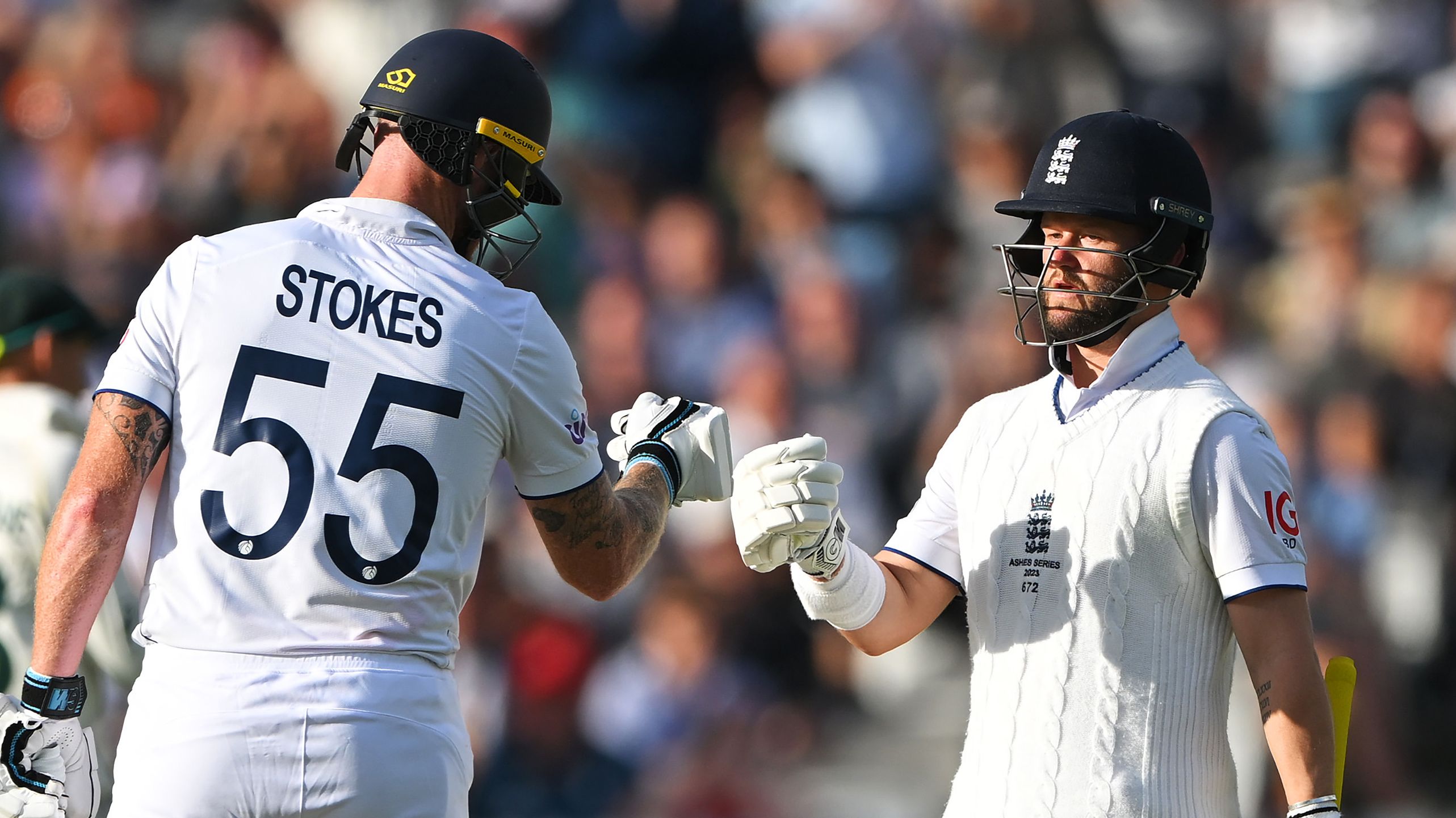 LONDON, ENGLAND - JULY 01: Ben Stokes of England congratulates teammate Ben Duckett after they score a half century during Day Four of the LV= Insurance Ashes 2nd Test match between England and Australia at Lord&#x27;s Cricket Ground on July 01, 2023 in London, England. (Photo by Stu Forster/Getty Images)