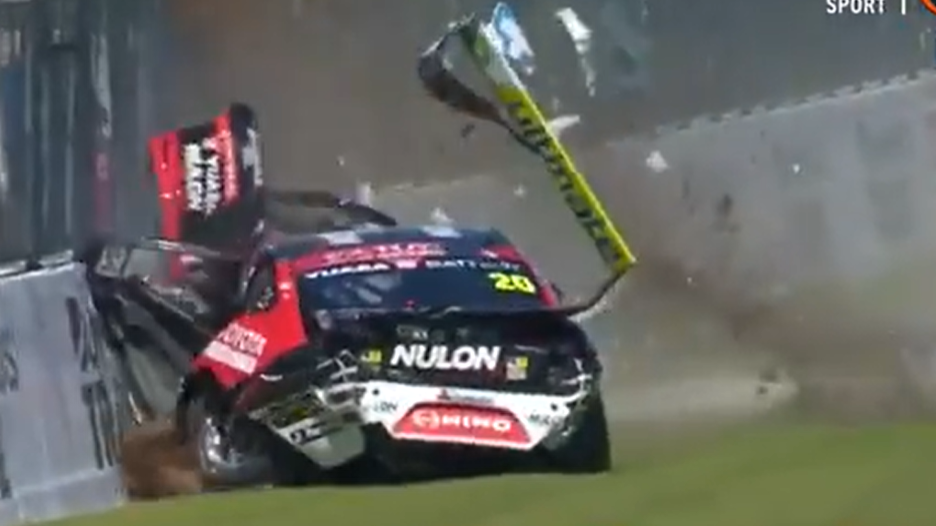 Scott Pye&#x27;s car spins heavily into the pit wall.