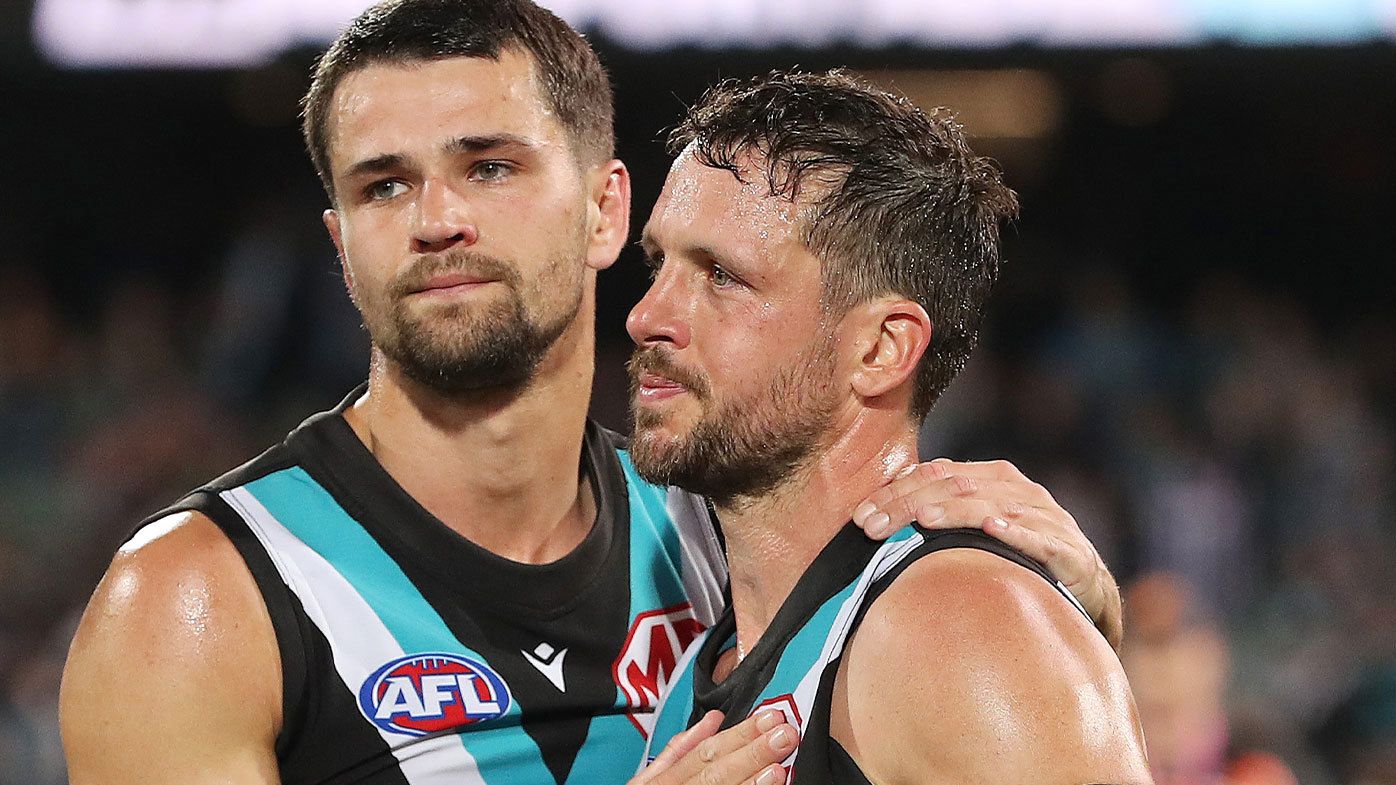 Ryan Burton and Travis Boak pictured after Port Adelaide&#x27;s finals loss to the GWS Giants