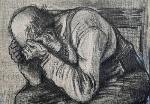 Detail of Study for "Worn Out", a drawing by Dutch master Vincent van Gogh, dated Nov. 1882, on public display for the first time at the Van Gogh Museum.
