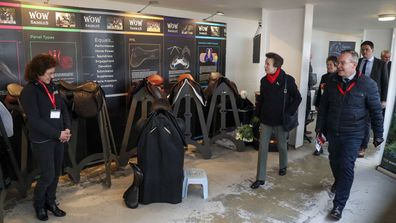 Britain's Princess Anne, Vice-Patron of the equine charity The British Horse Society, and James Hicks, right, CEO of British Horse Society, visit the Addington Equestrian Centre near Buckingham.