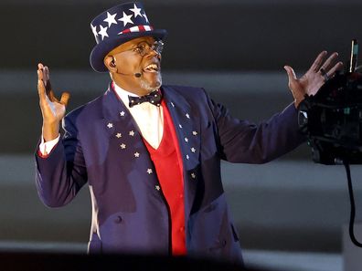 Samuel jackson during the super bowl lix Halftime show at Caesars Superdome on February 9, 2025 in New Orleans, Louisiana.  