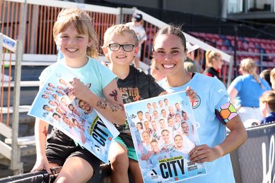 MELBOURNE, AUSTRALIA - JANUARY 21: Emma Checker of Melbourne City meets supporters during the round 11 A-League Women's match between Melbourne City and Western Sydney Wanderers at Casey Fields, on January 21, 2023, in Melbourne, Australia. (Photo by Kelly Defina/Getty Images)