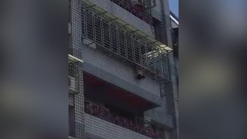 The four-year-old boy is believed to have been left at home before he ventured out onto an apartment's balcony and slipped through a security grille. Picture: Taiwan Fun 666 via Storyful.