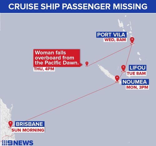 Ms Schofield fell from the Pacific Dawn west of New Caledonia. (9NEWS)