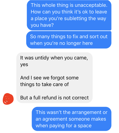 Phone text message altercation between renter and subletter