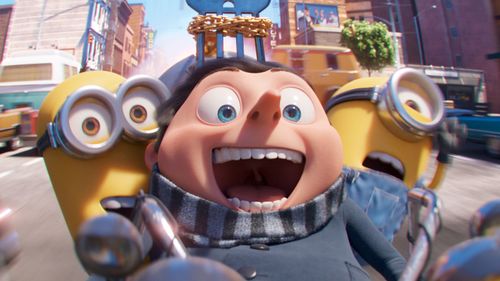 This image released by Universal Pictures shows characters, from left, Kevin, Gru, voiced by Steve Carell, and Stuart in a scene from "Minions: The Rise of Gru."