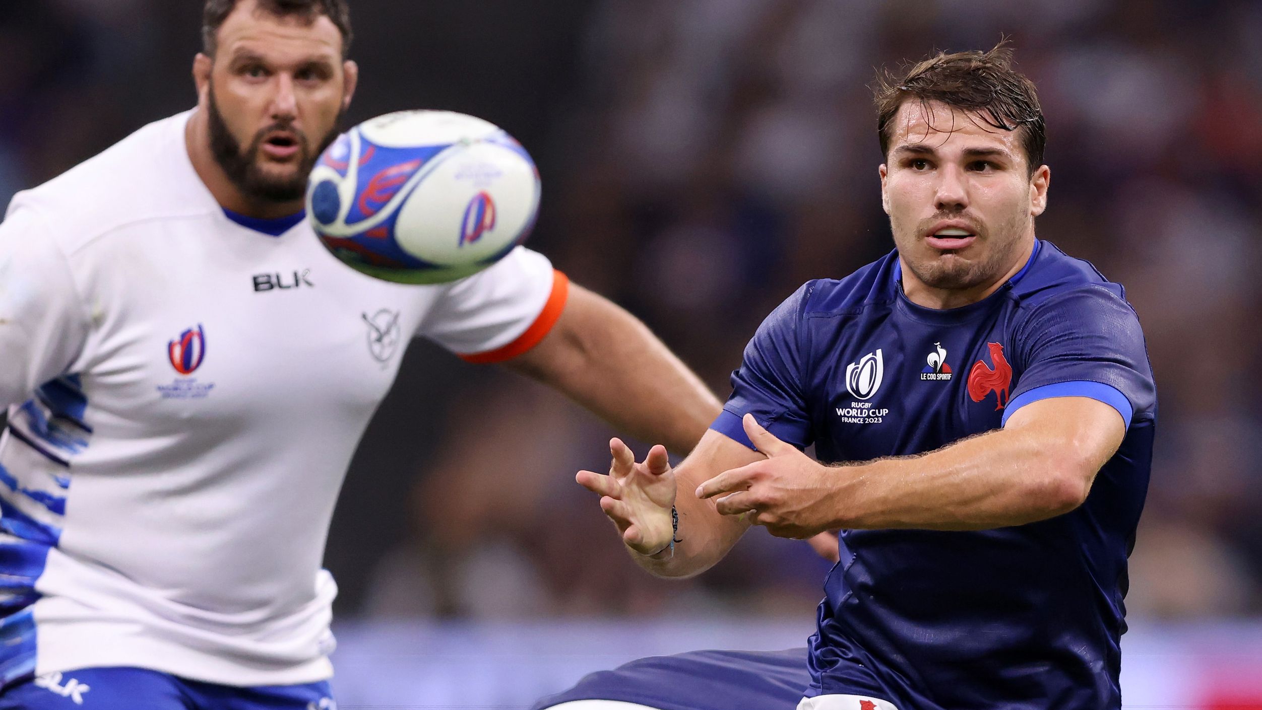 Antoine Dupont passes the ball in France&#x27;s match against Namibia.