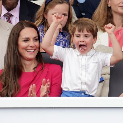 Catherine, Duchess of Cambridge and Prince Louis of Cambridge during the Platinum Pageant on June 05, 2022 in London, England.  