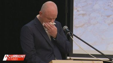Simon Patterson became emotional at a memorial service for his parents.