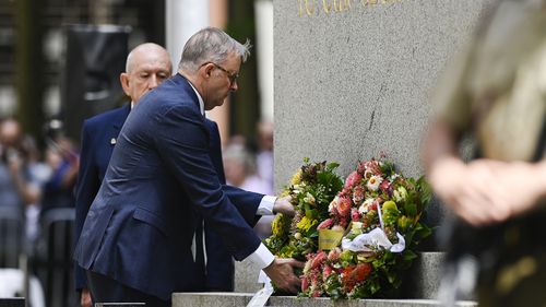 Prime Minister Anthony Albanese lays a wreath during a Remembrance Day service at Martin Place in Sydney.