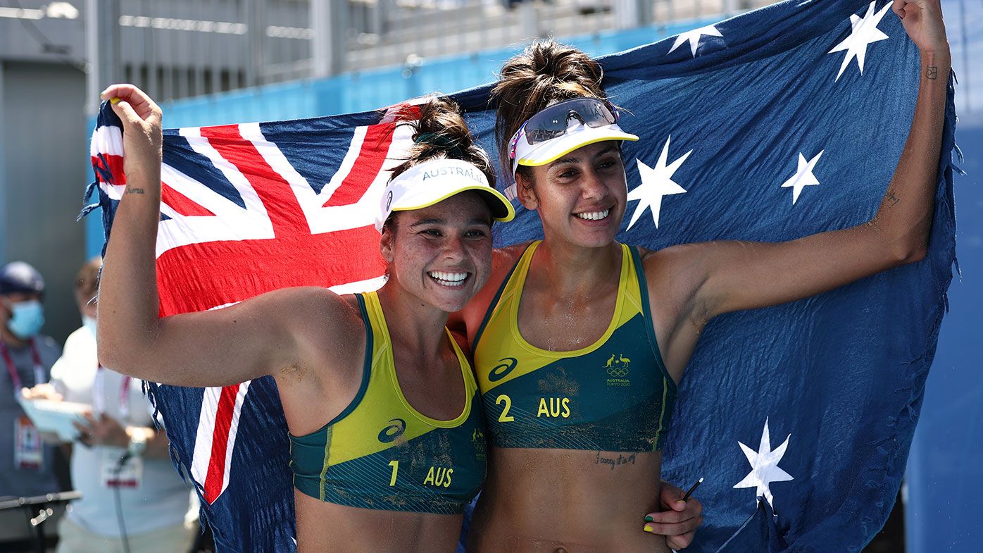 Mariafe Artacho del Solar #1 of Team Australia and Taliqua Clancy #2 celebrate after defeating Team Latvia during the Women&#x27;s Semifinal beach volleyball on day thirteen of the Tokyo 2020 Olympic Games at Shiokaze Park on August 05, 2021 in Tokyo, Japan. (Photo by Maja Hitij/Getty Images)