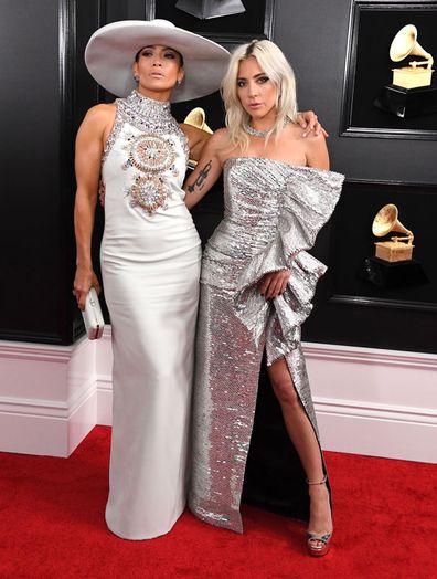 Jennifer Lopez and Lady Gaga arrive at the 61st Annual GRAMMY Awards at Staples Centre on February 10, 2019 in Los Angeles, California