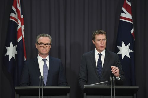 Mr Pyne and Attorney-General Christian Porter in Canberra this morning. (AAP)