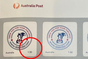 The custom stamps, ordered through Australia Post&#x27;s MyStamp service, are missing the dollar sign.