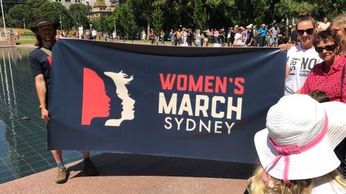 Thousands of men and women have gathered at Sydney's Hyde Park for the Women's March. (Mary Jordan, 9NEWS)
