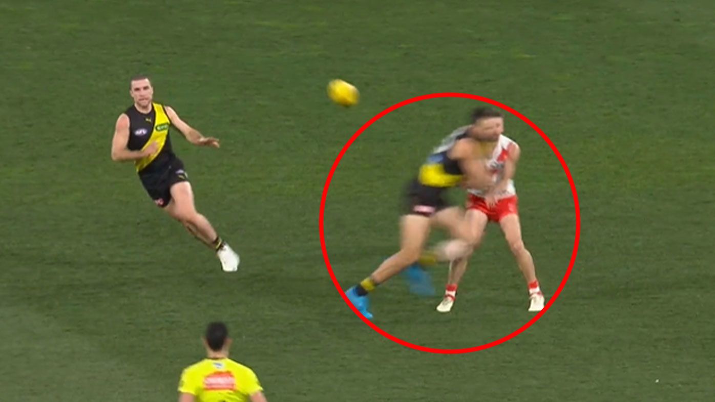 Richmond captain Toby Nankervis is likely to receive a lengthy suspension for this hit on Sydney&#x27;s Jake Lloyd