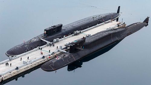 Russian nuclear submarines Prince Vladimir, above, and Yekaterinburg stay berthside at a Russian naval base in Gazhiyevo.