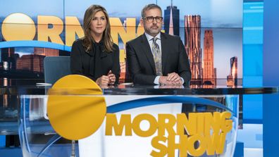 This image released by Apple TV Plus shows Jennifer Aniston, left, and Steve Carell in a scene from "The Morning Show."