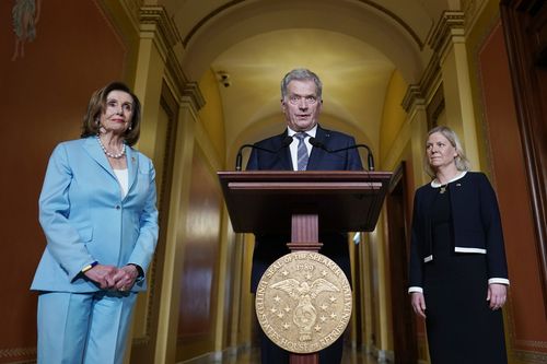 Finnish President Sauli Niinisto speaks as Speaker of the House Nancy Pelosi, D-Calif., and Swedish Prime Minister Magdalena Andersson look on, before a meeting at the Capitol in Washington, Thursday, May 19, 2022.