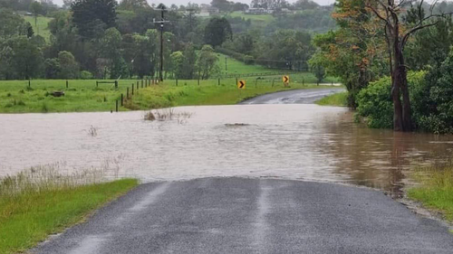 Water swallowed Boat Harbour Road in Lismore earlier this morning.