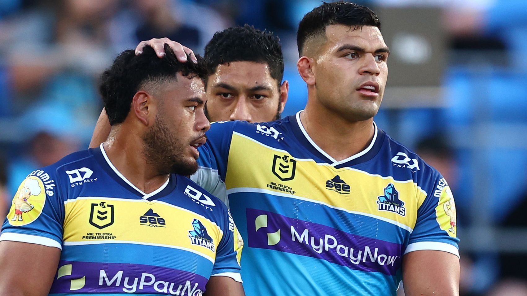 GOLD COAST, AUSTRALIA - AUGUST 28: Greg Marzhew and David Fifita of the Titans celebrate a try during the round 24 NRL match between the Gold Coast Titans and the Newcastle Knights at Cbus Super Stadium, on August 28, 2022, in Gold Coast, Australia. (Photo by Chris Hyde/Getty Images)