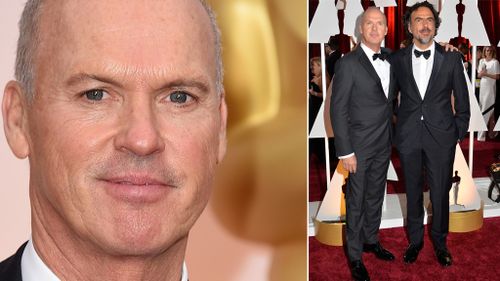 Michael Keaton with Birdman director Alejandro Gonzalez Inarritu on the Oscars red carpet. (Getty)