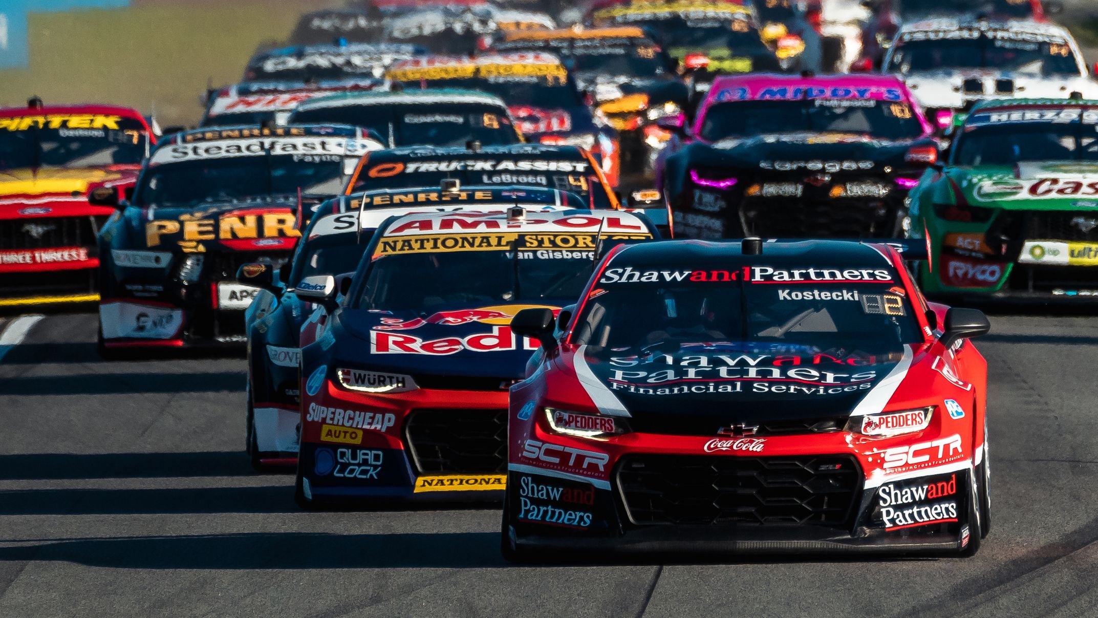 Brodie Kostecki leads the Supercars field into turn one at Wanneroo Raceway.