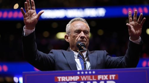 Robert F. Kennedy Jr. speaks before Republican presidential candidate former President Donald Trump at a campaign rally at Madison Square Garden, Sunday, Oct. 27, 2024, in New York. (AP Photo/Alex Brandon)