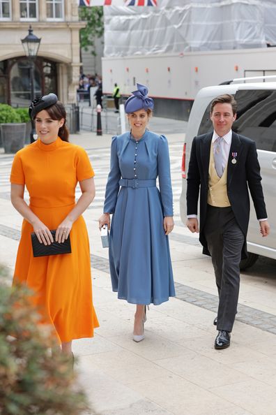 Princess Eugenie, Princess Beatrice and Edoardo Mapelli Mozzi arrive at a reception hosted by the Lord Mayor for the National Gratitude Service at The Guildhall on 3 June 2022 in London, England.  