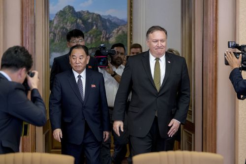 Mr Pompeo and Kim Young Chol held discussions in Pyongyang following the historic summit last month. Picture: AAP