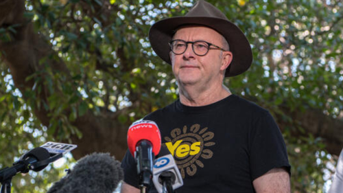 Anthony Albanese during a press conference at the voting centre for the Indigenous voice to parliament referendum in Balmain.