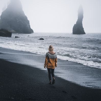 Woman, walking, beach