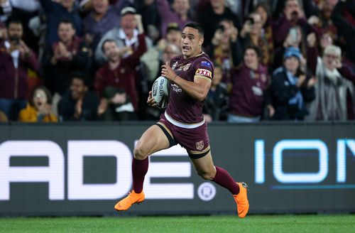 Winger Valentine Holmes was the first to cross the try-line after an intercept and a 90-metre sprint put the Maroons ahead. Picture: AAP.